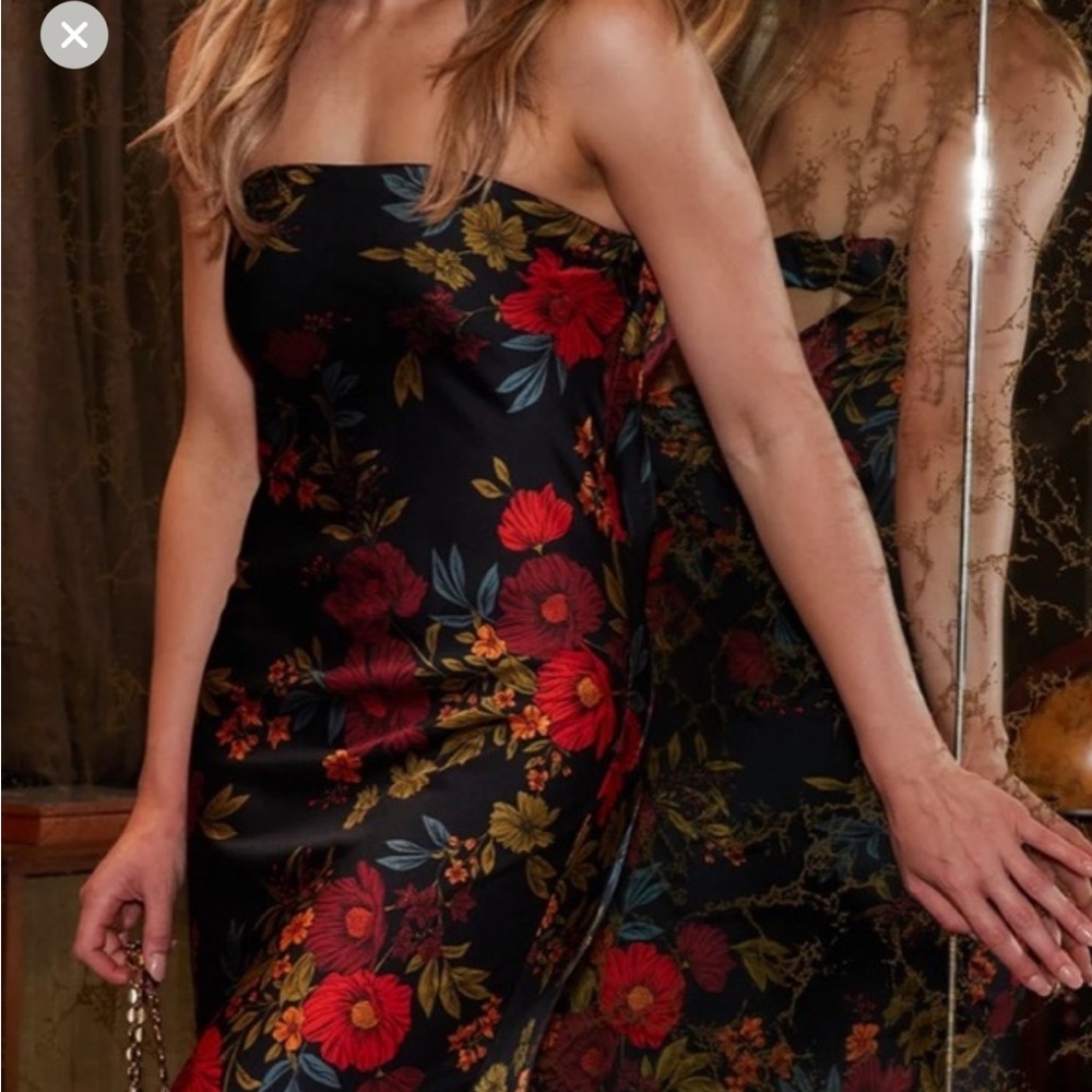 12th Tribe Black Strapless Floral Midi Dress with Red & Gold Blooms